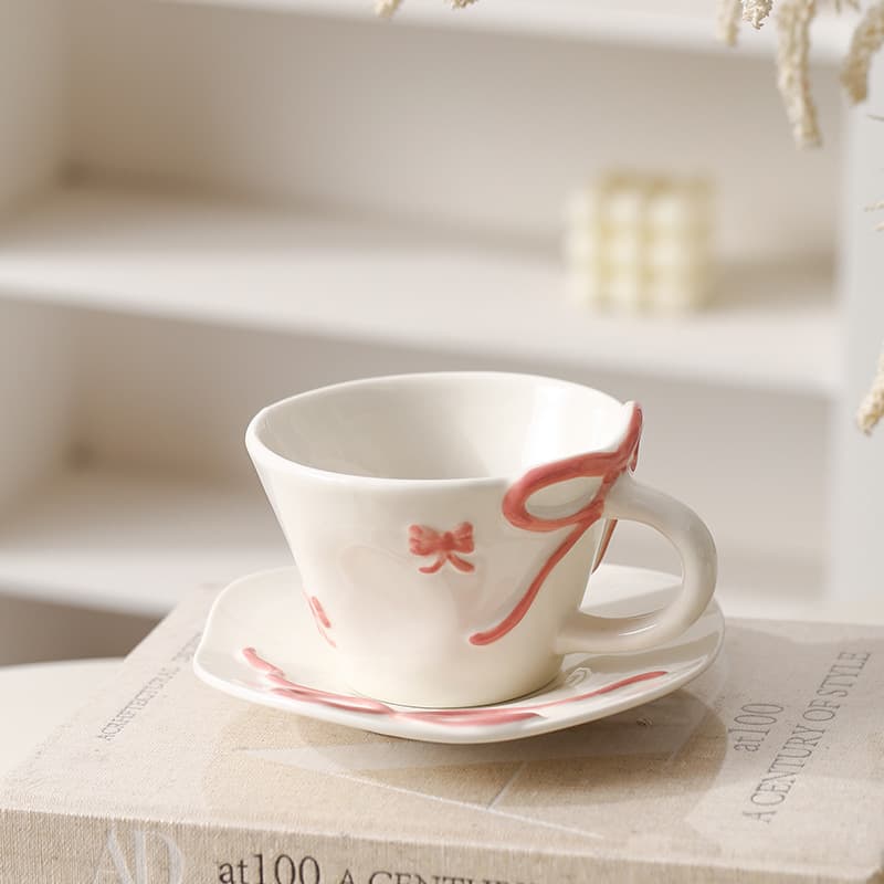 Girl's Heart Underglaze Hand-painted Relief Cherry Love Bow Ceramic Mug Personalized Coffee Cup Breakfast Cup