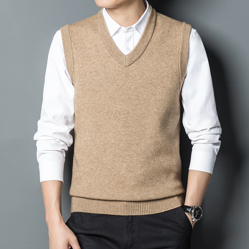 New Spring/Autumn V-neck Wool Vest for Men, Solid Color Knitted Sweater, Wholesale Available