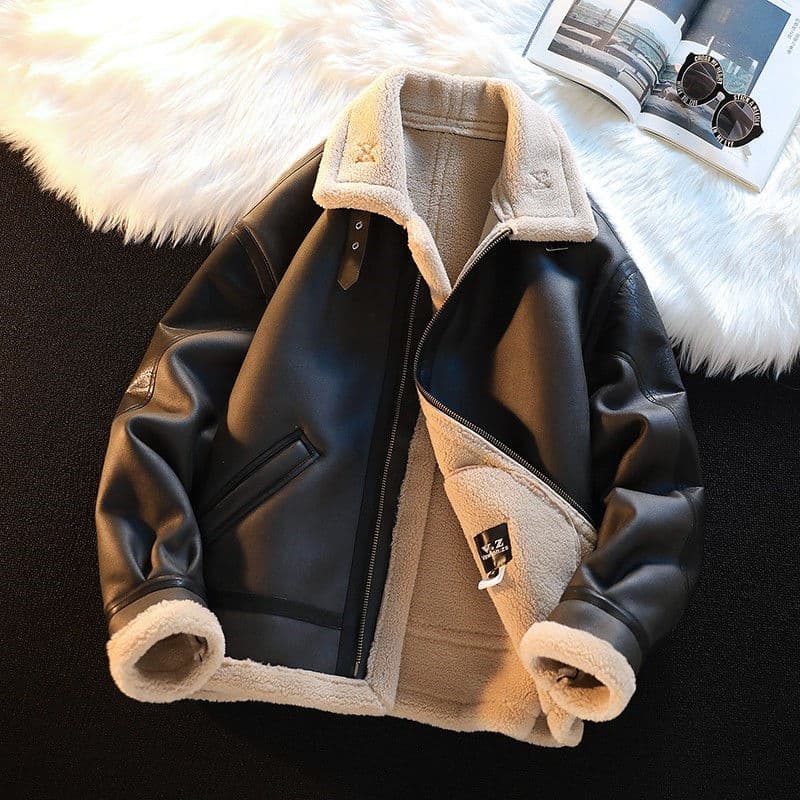 Hong Kong style retro motorcycle jacket men's winter fleece-lined and thickened Camilla PU leather lambskin integrated cotton coat