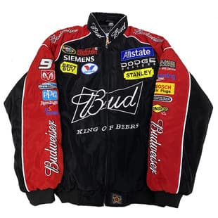 Black and Red Color Block Budweiser Bud Racing Jacket Vintage NASCAR Loose Unisex Stand Collar Zip-Up Coat