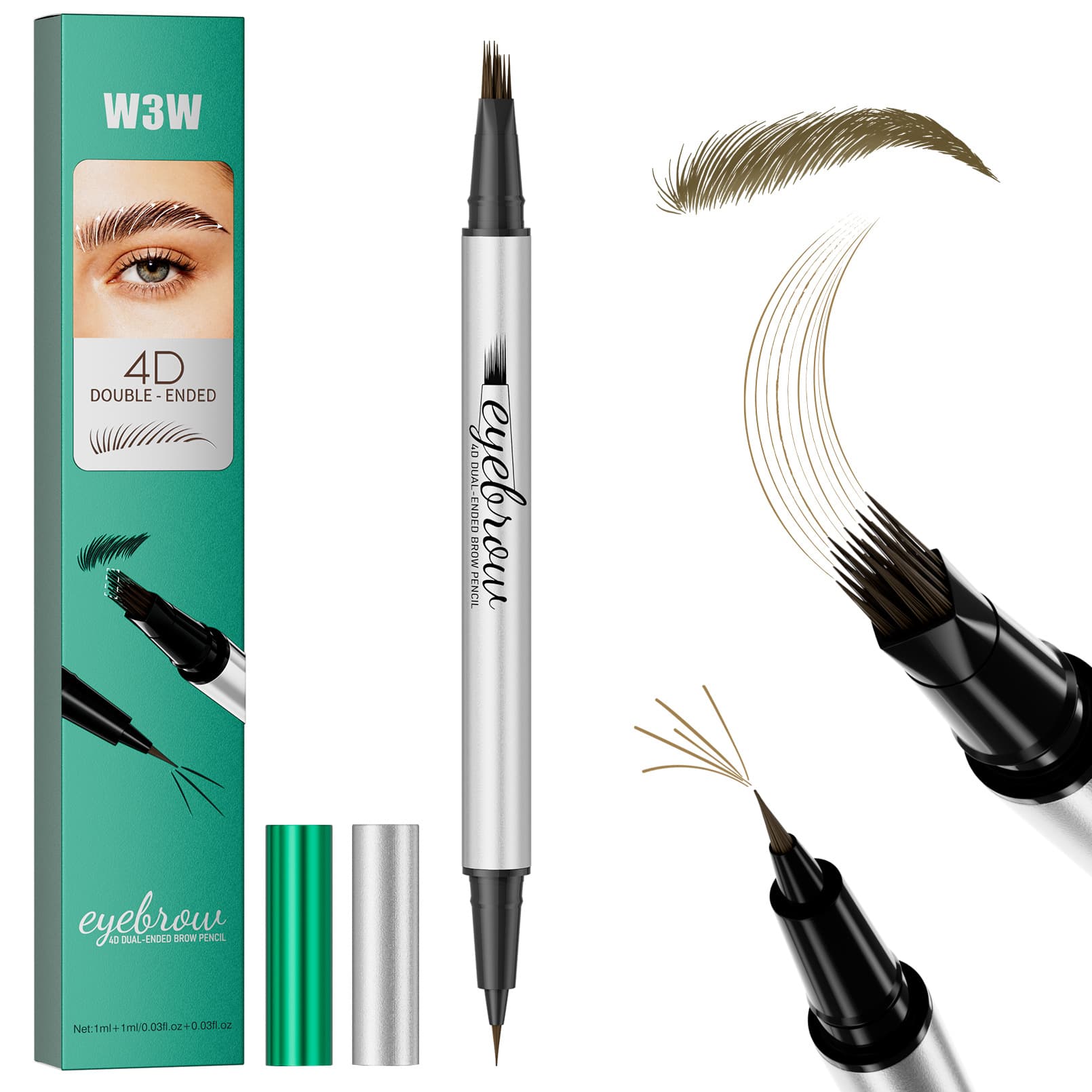 W3W Four-Sided Brush Liquid Eyebrow Pencil - Waterproof, Sweatproof, Smudgeproof, Natural Wild Brows, Defined Lines, Multi-Fork Dual-End Eyebrow Pencil