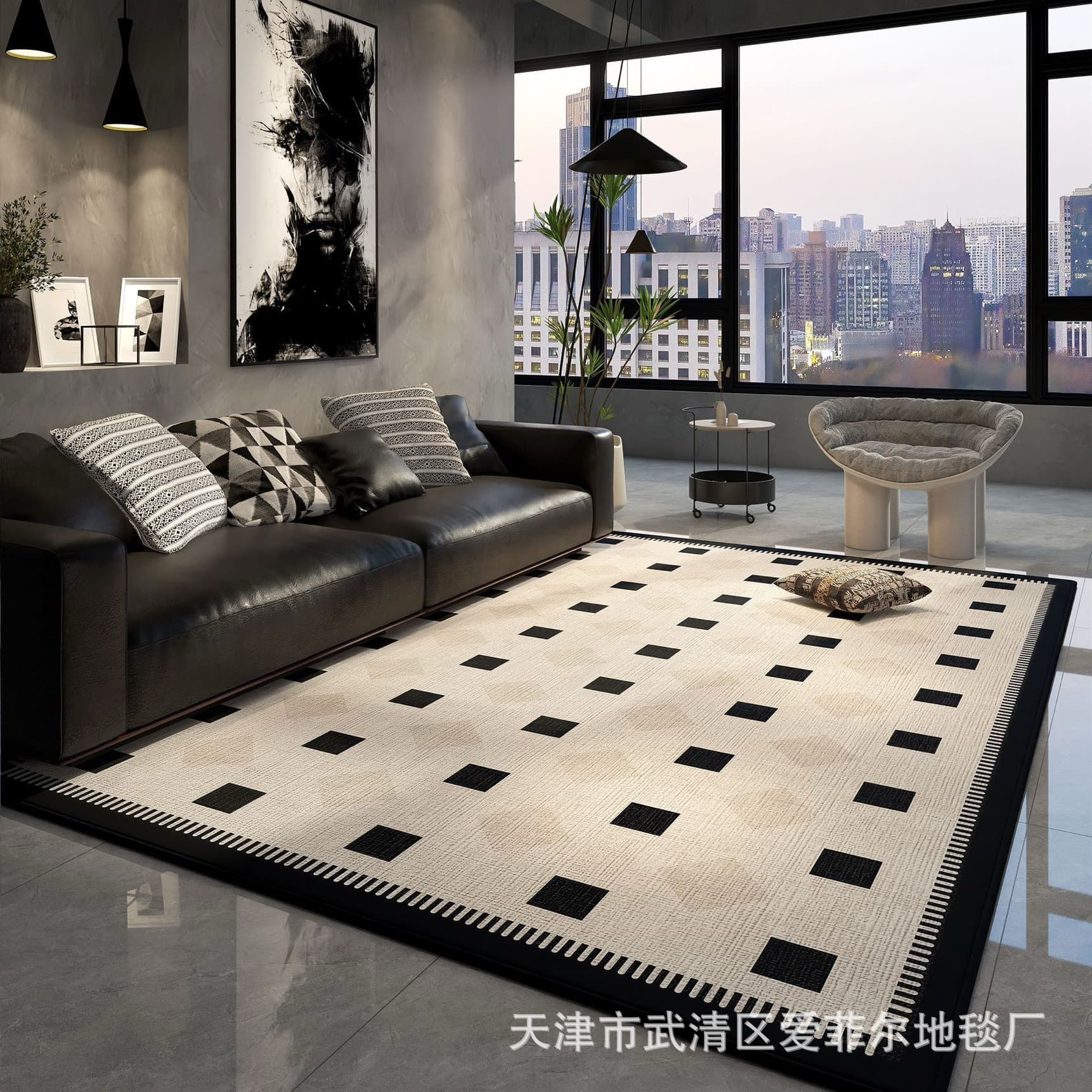 Luxury minimalist living room rug, thickened crystal velvet floor mat, black and white checkered sofa and coffee table rug, bedroom and bedside rug