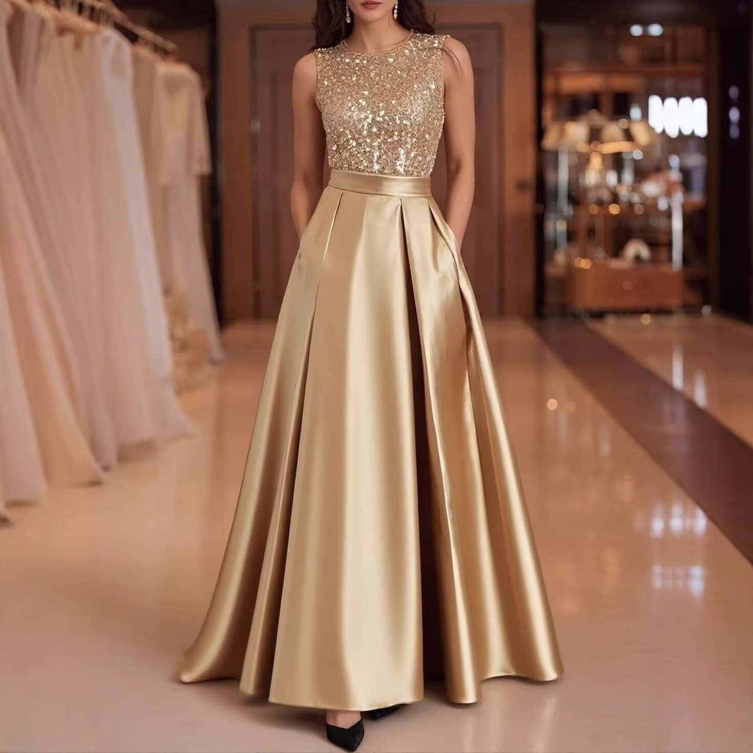 European-American Style New Banquet Host Evening Gown Long Dress Dance Simple Elegant Spring Summer Sleeveless Dress