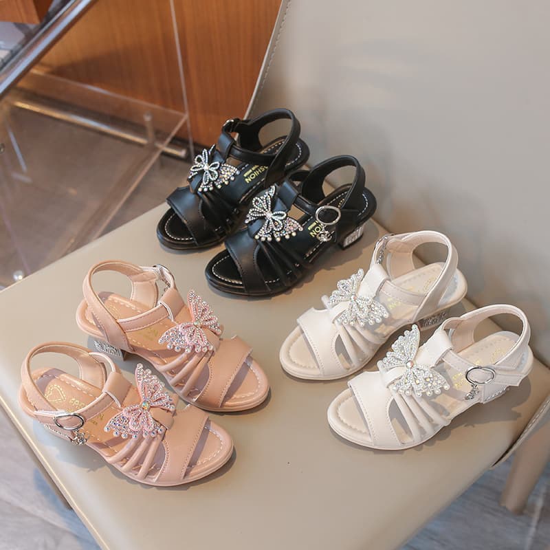 Girls' Sandals 2026 Summer Children's Velcro High Heels Export Little Girls' Rhinestone Butterfly Chunky Heel Princess Shoes
