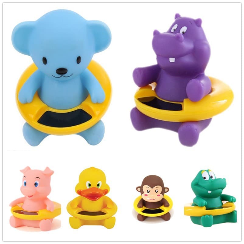 Animal-shaped baby thermometers, including cute duck-shaped ones, are available for baby bathing. They feature digital display and are adorable.