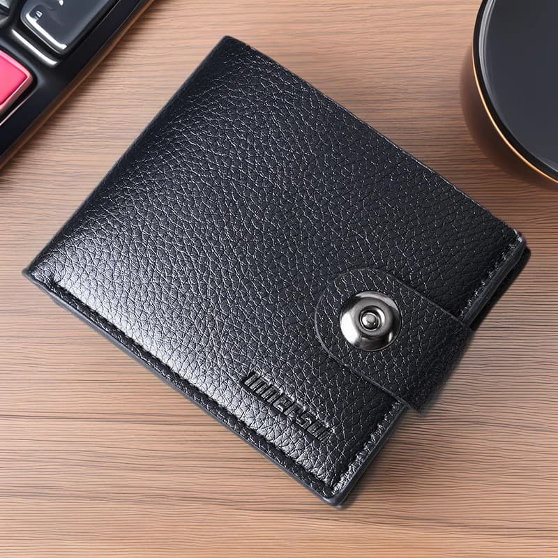 Magnetic Button Wallet Short Style Men's Wallet with Zipper, Fits Driver's License, Horizontal Leather Billfold