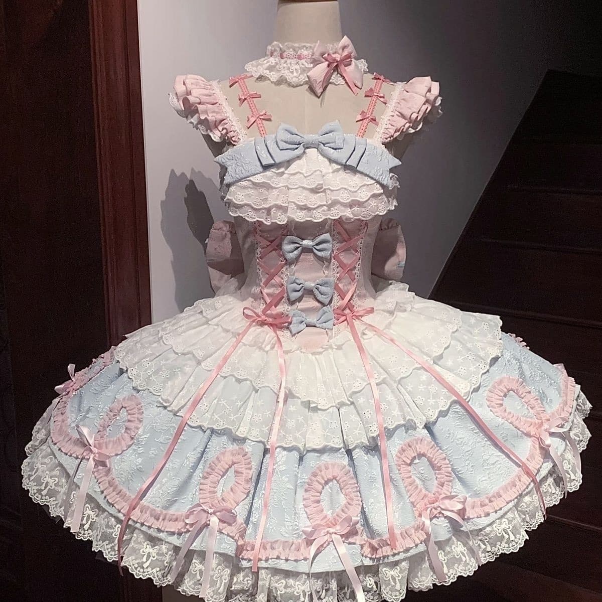 New Lolita Cat Dress Full Set Bow Lolita Pink Blue Complete Cotton Outfit