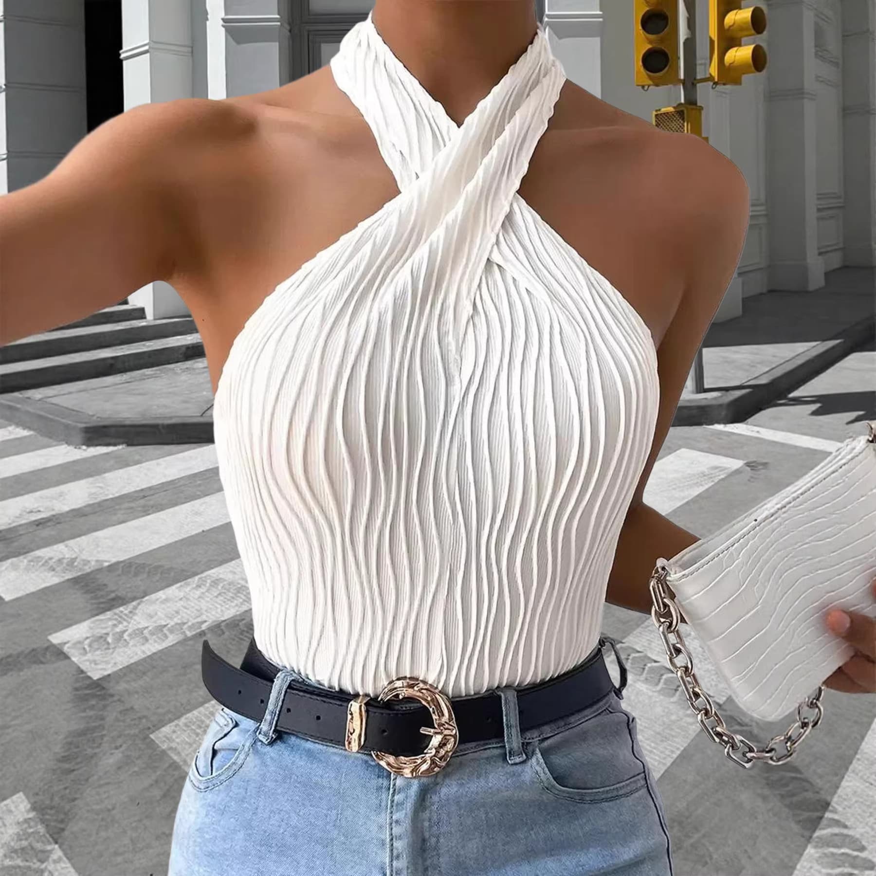 2026 Summer New Arrival Independent Station Europe and America TikTok Cross-border Women's Sexy Halterneck Wavy Pattern Solid Color Vest