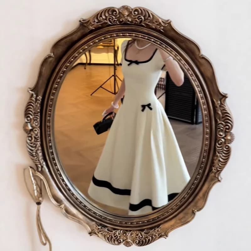 French Contrast Bow Square Neck Short Sleeve Dress for Women, New Summer High-End Waist-Cinching Slimming A-Line Dress
