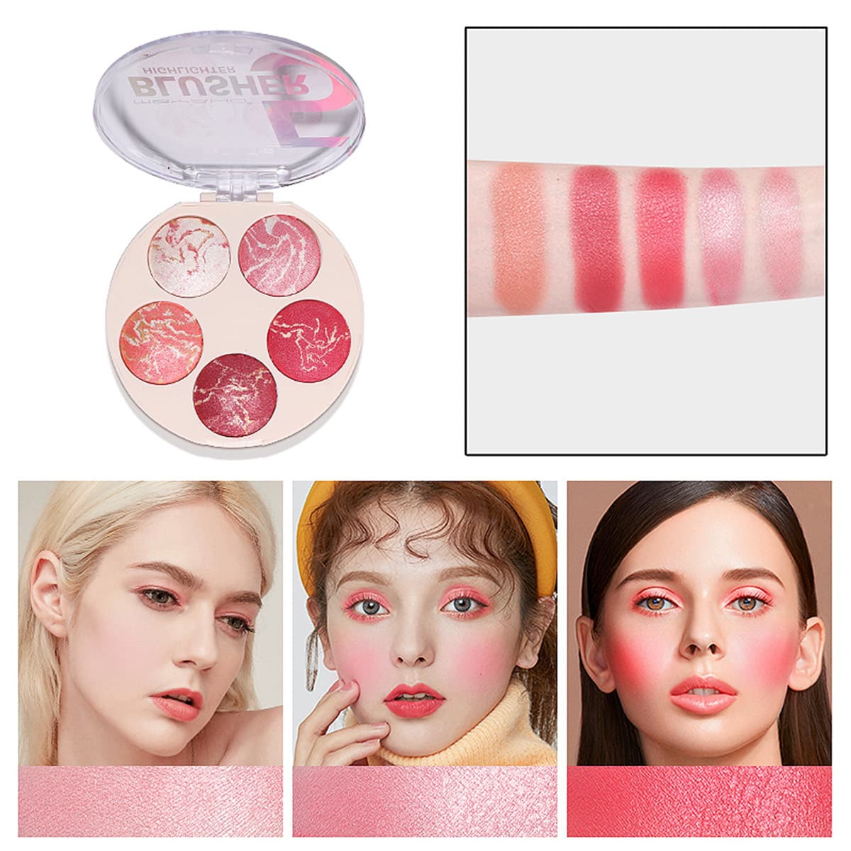Cross-border pearlescent face blush high-gloss contouring powder box sequin high-gloss matte eye shadow baked powder five-color blush palette