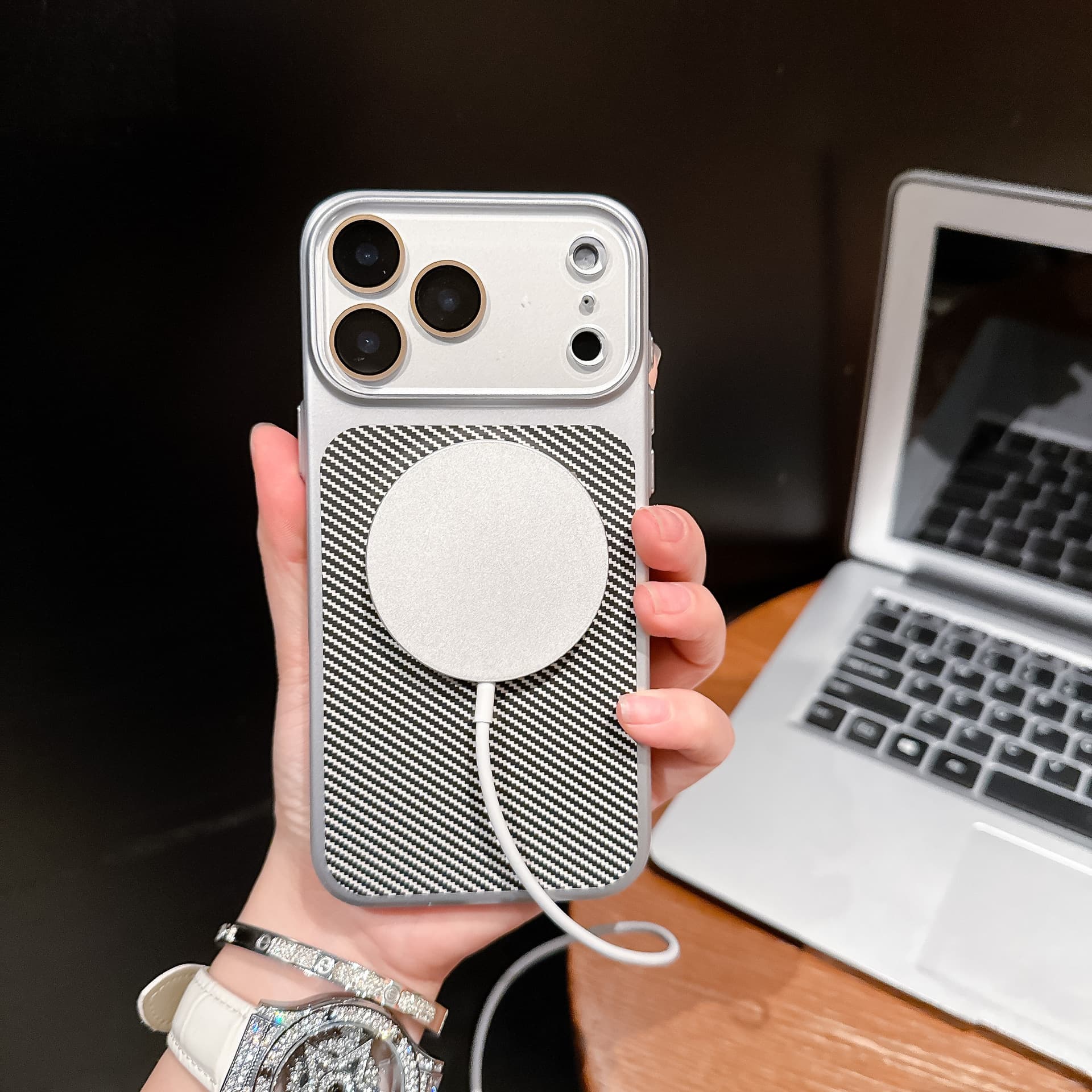 Compatible with iPhone 17 Pro Max Case Carbon Fiber Leather Texture Magnetic Charging for iPhone 16 15 Pro Protective Cover
