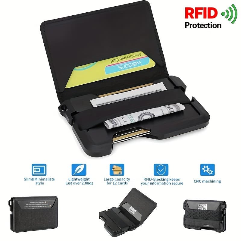 Men's ultra-thin metal EDC leather wallet credit card holder RFID large capacity bifold wallet, can hold 12 cards