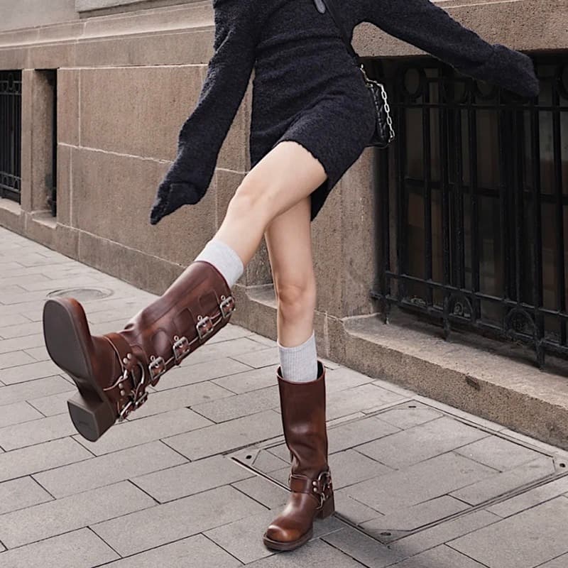 New Knight Boots for Women Summer Vintage Square Toe Brown Boots Buckle Long Boots Western Cowboy Boots Chelsea Boots