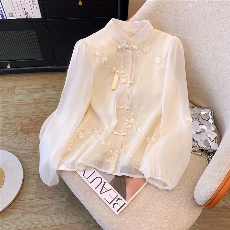 New Chinese Style National Trend Chiffon Shirt Women Spring Horse Face Skirt Tang Suit Embroidery Hanfu Blouse Loose Long Sleeve Top