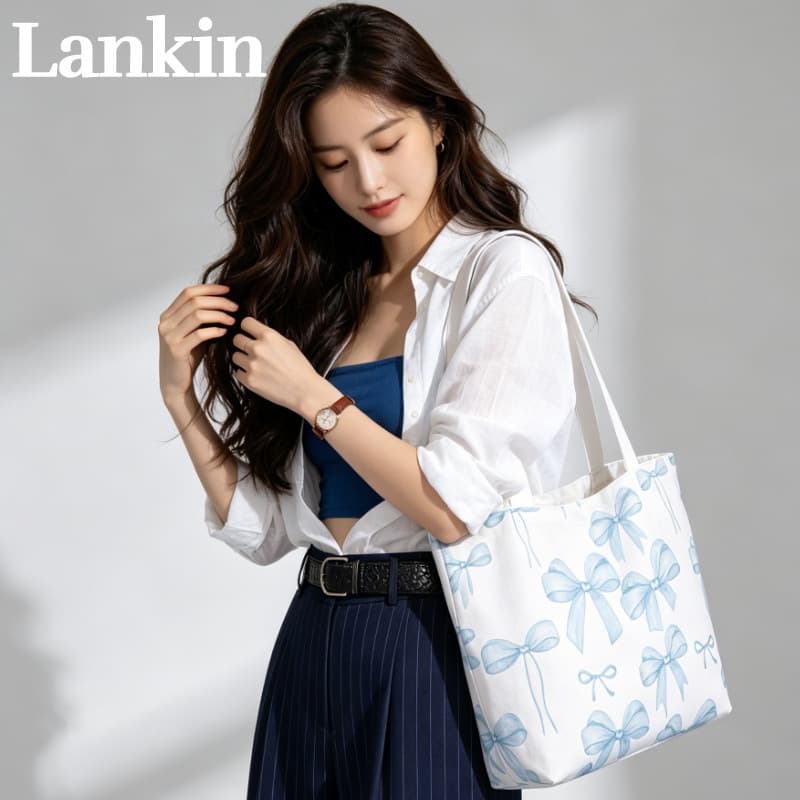 Ready stock bow printed canvas bag commuting versatile large capacity environmentally friendly shopping portable shoulder crossbody mother-in-law bag