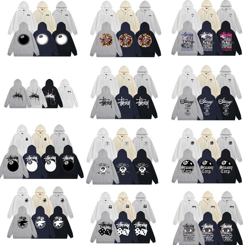 Zippered Fleece Hoodie with European and American Lettering, Black 8 Unisex Casual 12 Styles STU Zip Hoodie