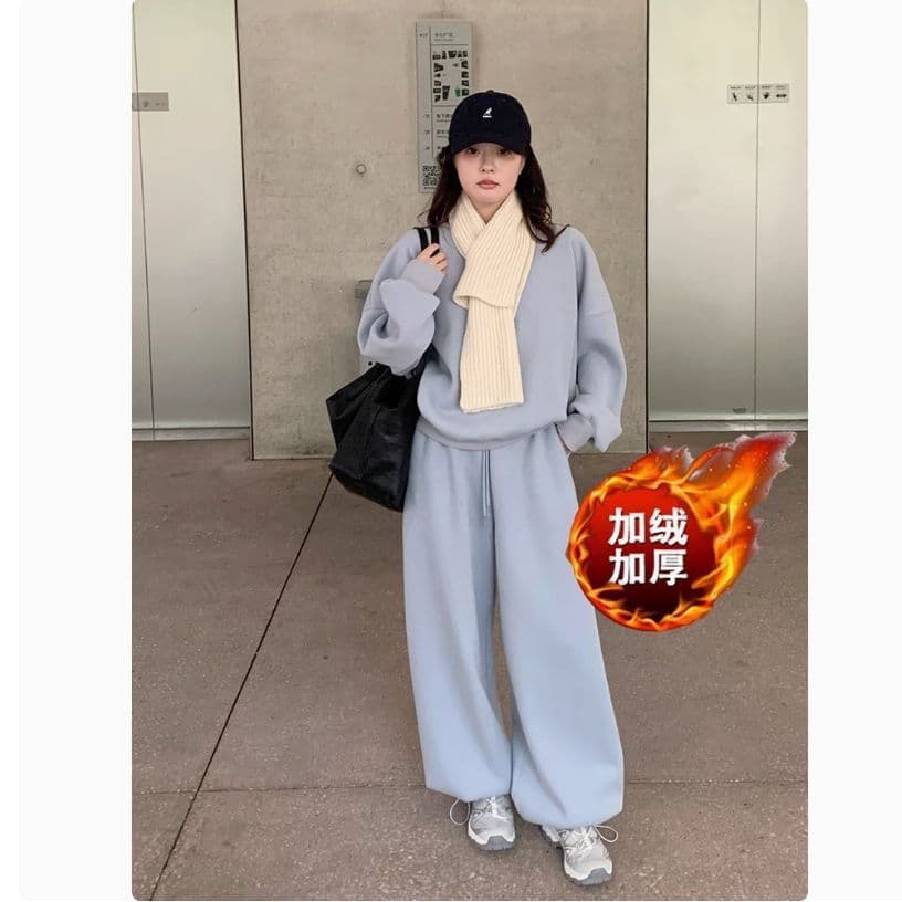 Korean Style New Thick Fleece Lazy Sportswear Set for Women, Loose Round-Neck Sweatshirt and Sweatpants Student Two-Piece Set