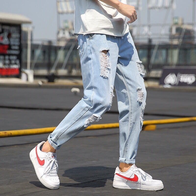 Summer Thin Pants Men Loose Straight Casual Nine-tenths Pants Men Hong Kong Style Ins Trend Ripped Jeans Men Trend