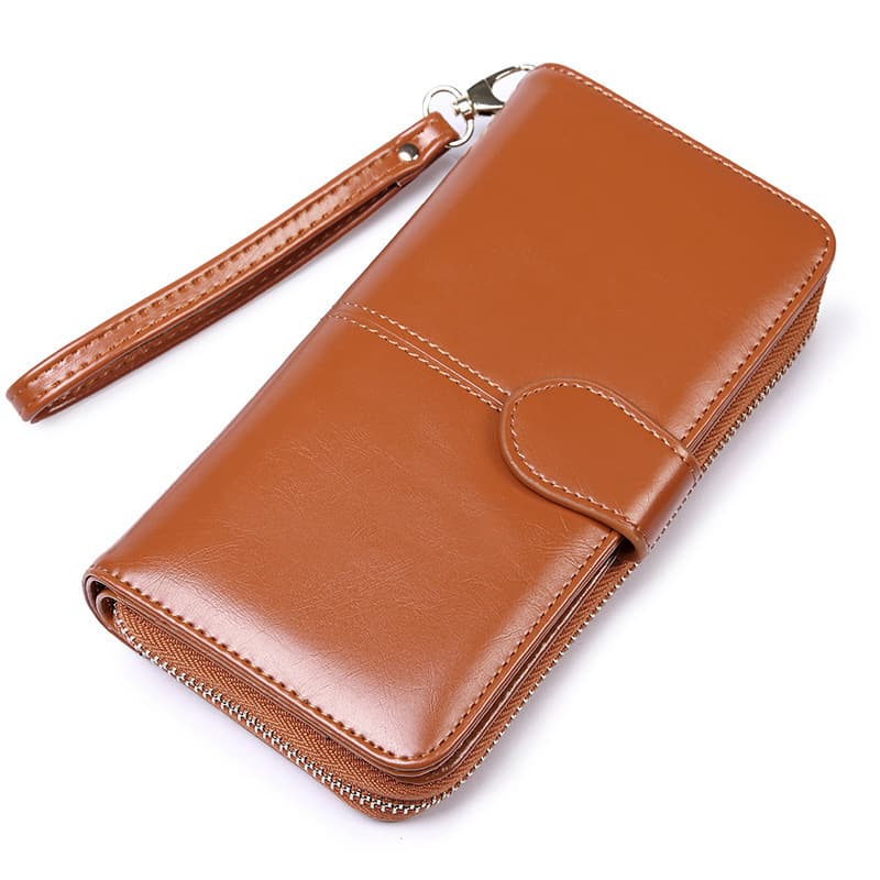 Factory Direct Oil Wax Leather Wallet for Women Vintage Oil Wax Leather Phone Bag Long Zipper Women's Large Bill Clip Wallet Money Clip