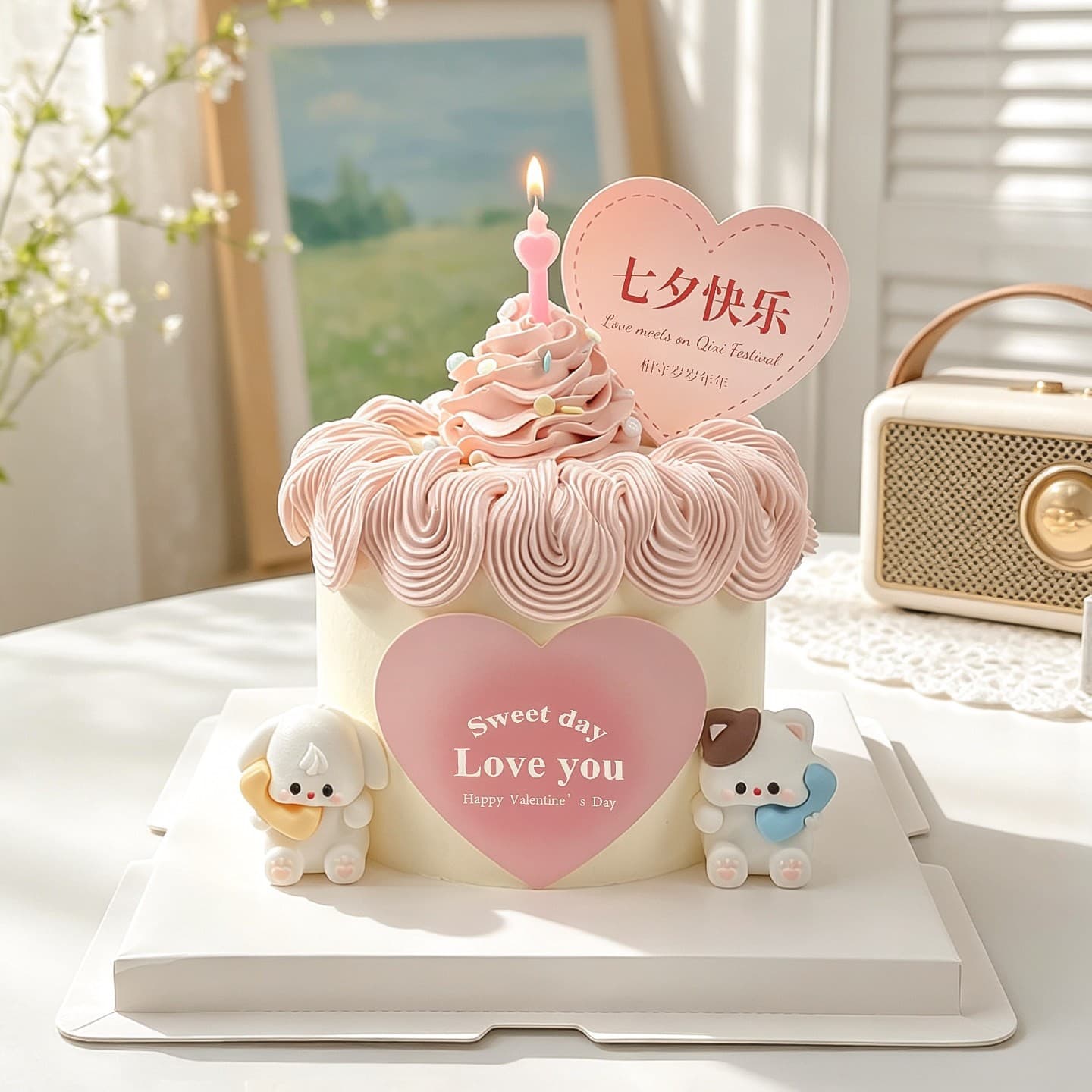 Valentine's Day Cartoon Phone Call Puppy Kitten Cake Decoration Happy Chinese Valentine's Day Love Card Couple Confession Dress Up