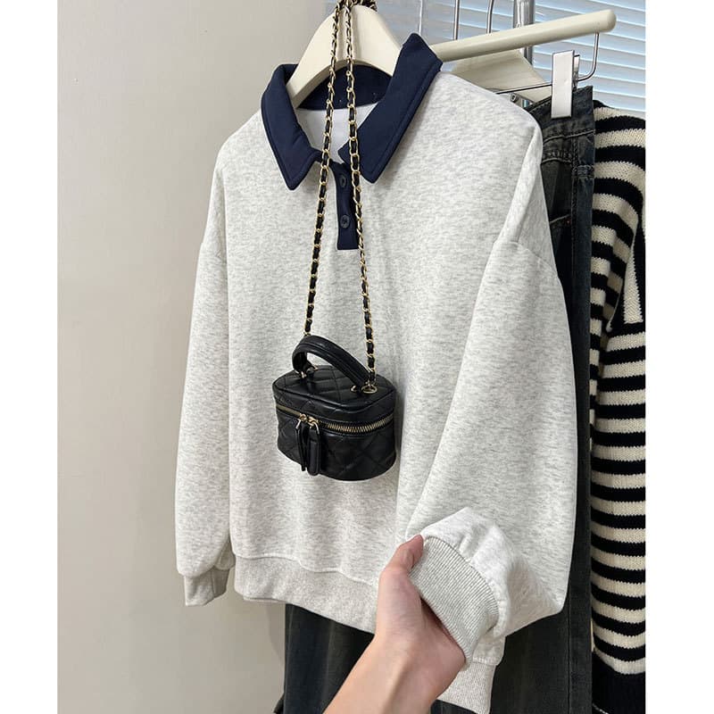 American Retro Color-Block Polo Collar Sweatshirt for Women 2025 New Spring/Autumn Design Sense Loose Long Sleeve Top Trendy