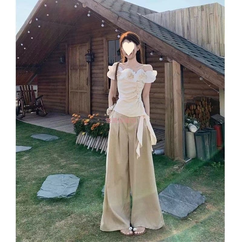 2026 Pure Desire Hot Girl Set Women Summer New Korean Style Off-Shoulder Top Wide Leg Pants Two-Piece Set