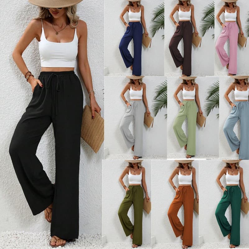 Amazon TikTok Temu European and American Women's Clothing 2024 Spring Summer New Joker Solid Color Floor-Length Wide Leg Pants Casual Pants