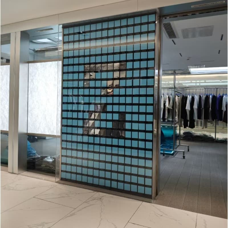 Mosaic technology matrix wall mechanical human interaction dynamic art installation axis flip panel corporate exhibition hall rotating screen