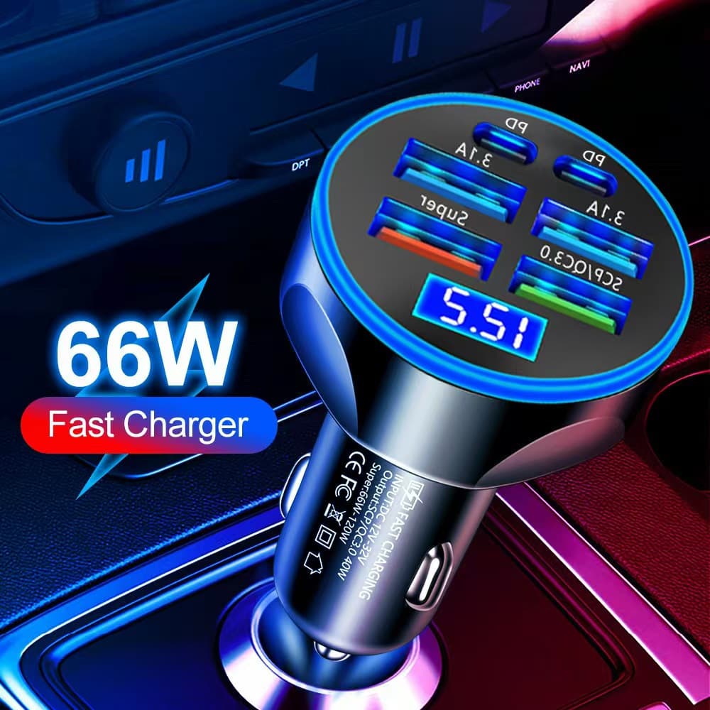 New 6-Port Digital Display Car Charger 66W Fast Charging Six-in-One Super Fast Car Charger PD Mobile Phone Charging Head