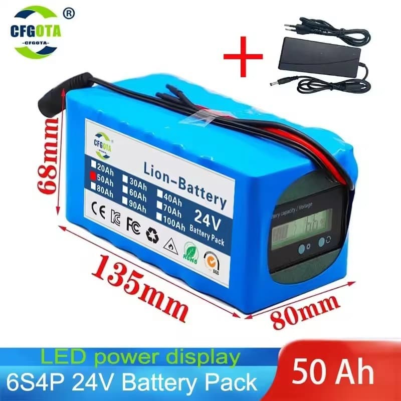 24V Battery 6S4P Battery Pack 100Ah Rechargeable Lithium Battery with Capacity Indicator and BMS + Charger