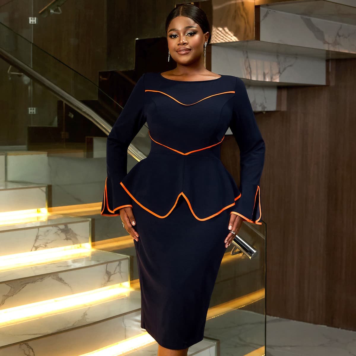 AM041125 Large size African U-shaped collar bell sleeve hip skirt cocktail party contrast dress dress