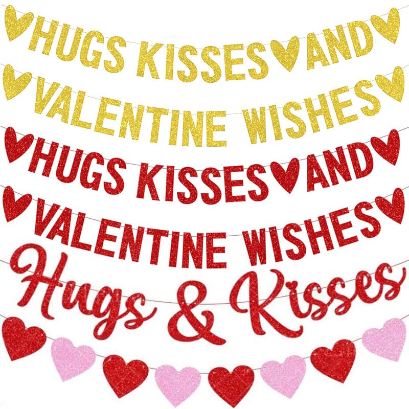 Proposal Engagement Valentine's Day Party Burlap Triangle Swallowtail Banner Hugs & Kisses Glitter Garland