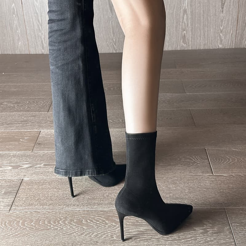 Stretch Bootie Sock Boots Pointed Toe Short Boots Thin Heel High Heels Women Autumn Winter 2025 Nude Boots Platform Single Boots Slim Boots Velvet