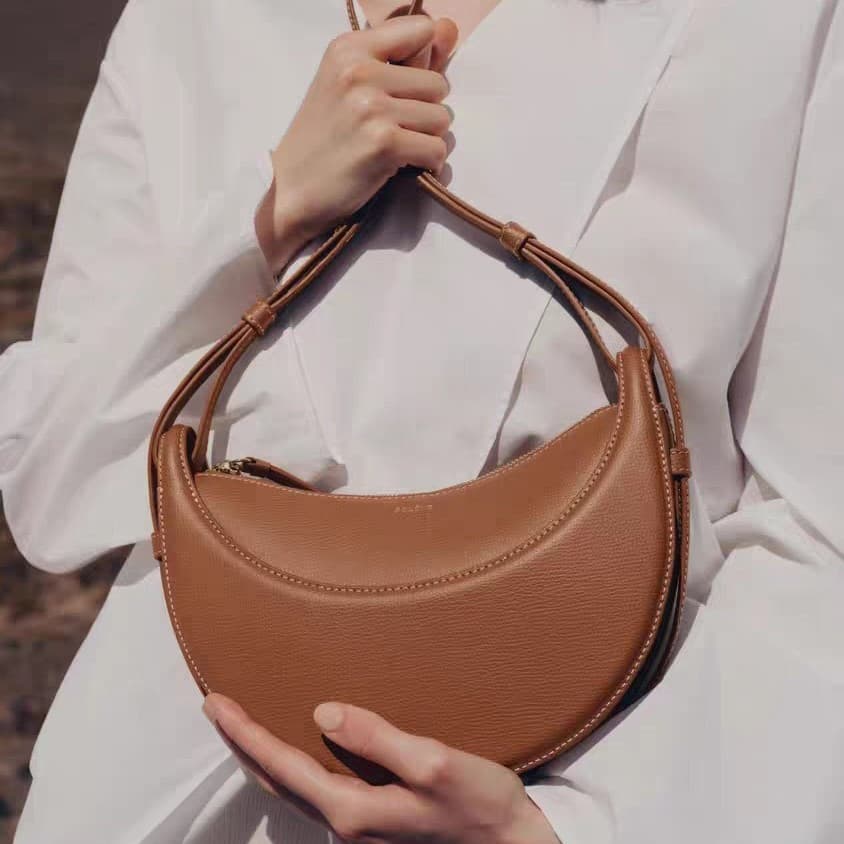 French Polene Small Shoulder Crossbody Bag for Women Paris Genuine Leather Crescent Bag Pebble Grain Armpit Saddle Bag