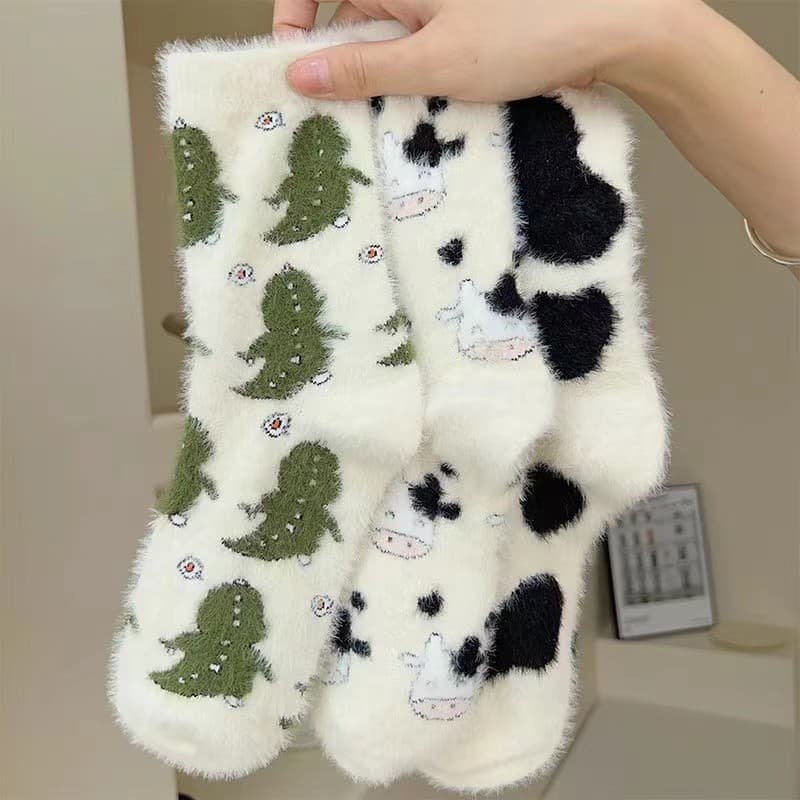Mink Fleece Socks for Women Autumn and Winter Fleece-Lined Thickened Student Cartoon Warm Floor Socks Maternity Home Sleep Socks Wholesale