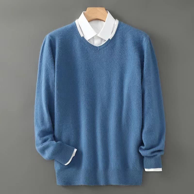 2025 Autumn/Winter Men's V-Neck Mink Wool Sweater Color-Block Casual Loose Pullover Knitted Base Layer, Cross-Border Hot Seller