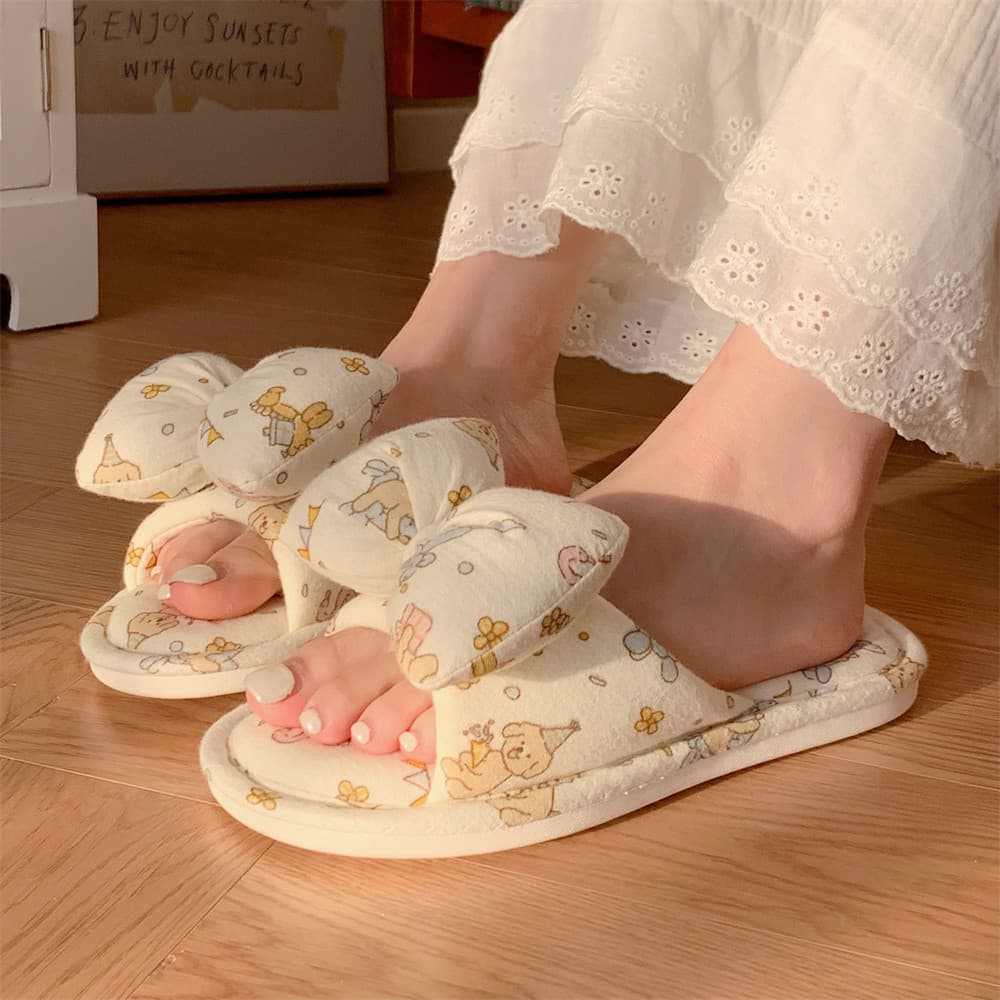 Cute Bowknot Home Slippers Girly Bear Cotton Linen Breathable Floor Shoes Ins Women Spring Summer Export