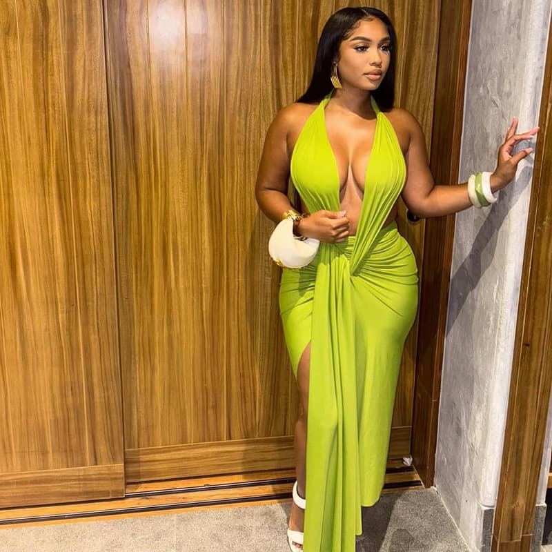 European and American style ins cross-border women's clothing slim-fitting solid color strappy hip skirt sexy halterneck V-neck chest-wrapped dress trendy