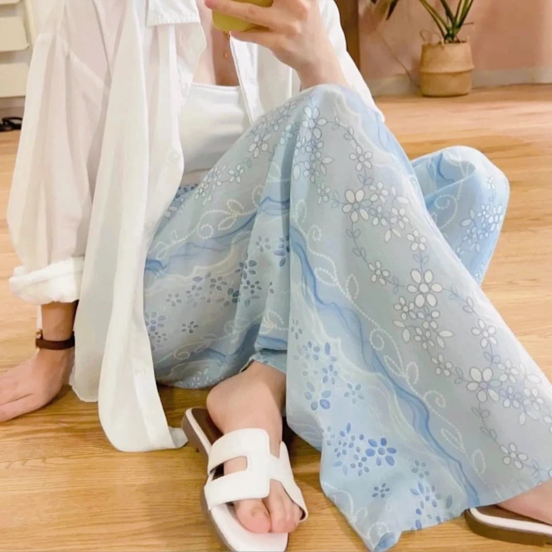 Summer Home Cotton Silk Sleep Pants Beach Capri Pants Plus Size Loose Casual Wide Leg High Waist Walking Pants
