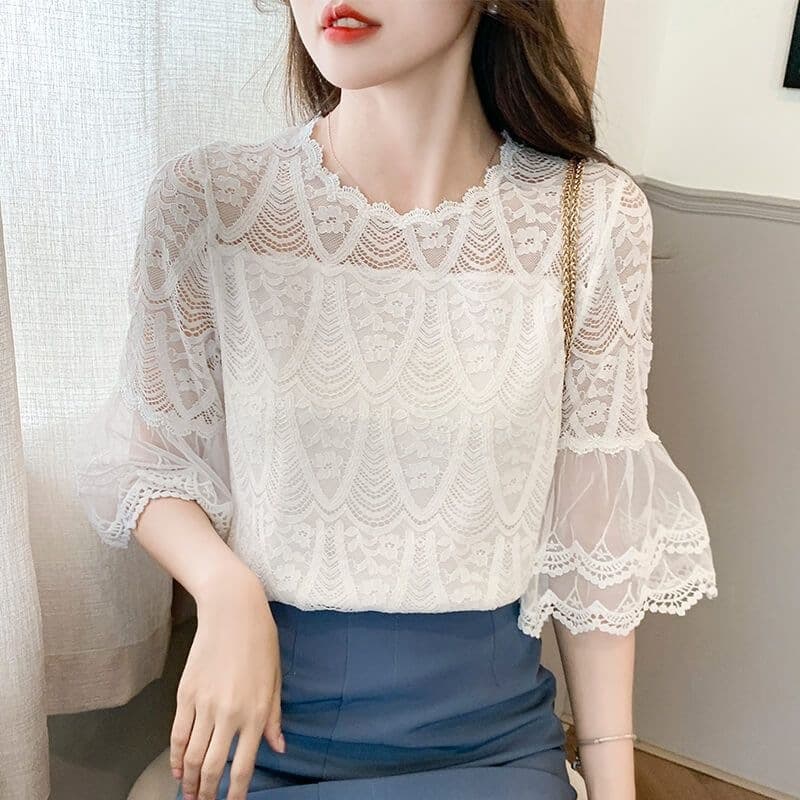 Premium Top Exquisite Lace Blouse Women 2026 Summer New Fairy Style Design Sense Niche Chiffon Shirt