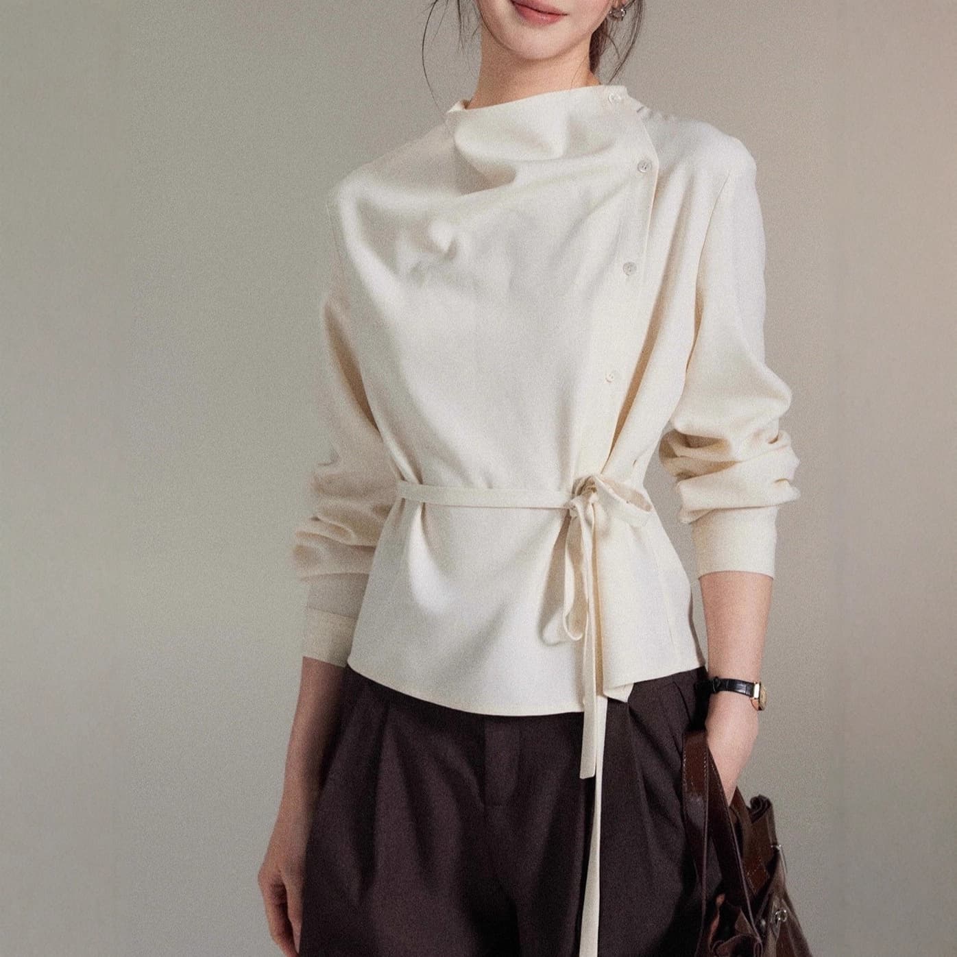 ERYANG Design [Shiyi] Simple Asymmetrical Draped Neckline Diagonal Front Wrap Belted Waist Top Women's High-End Blouse