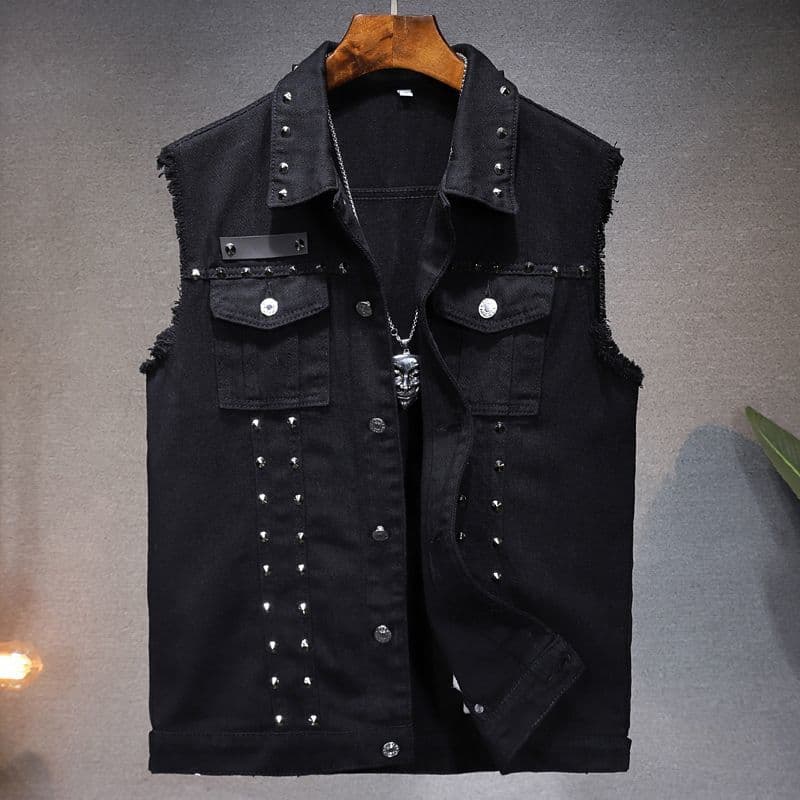 Spring and summer rivet denim vests for men and women European and American motorcycle vests punk tops sleeveless waistcoats stage coats large size
