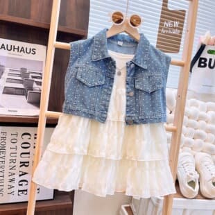 Girls' Set Dress 2025 Summer New Fashionable Denim Top with Strap Cake Skirt Two-Piece Set