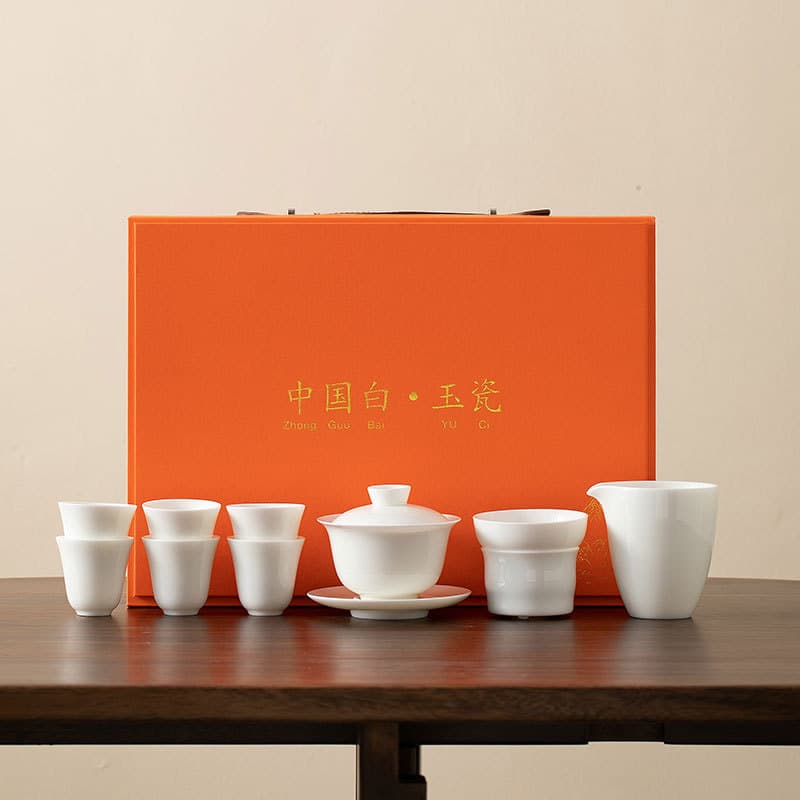 Mutton Fat Jade Porcelain Tea Set, Complete White Porcelain Home Brewing Gift Box, Ceramic Covered Bowl and Tea Cups with Optional Logo Printing