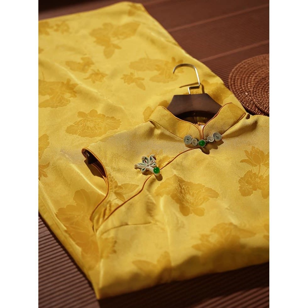 Yellow 2025 New Cheongsam Dress for Women Summer Young Girls Engagement New Chinese Style Gold Daily Dress