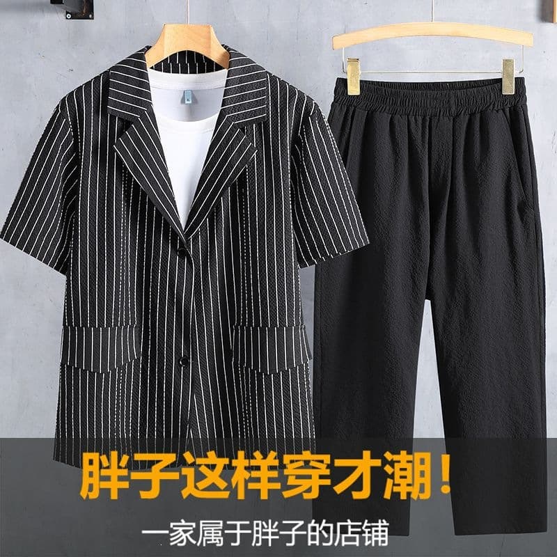 Summer Plus Size Suit Set, New Chinese Style Short Sleeve Blazer for Men, Fashionable Casual Suit Pants for Big Guys