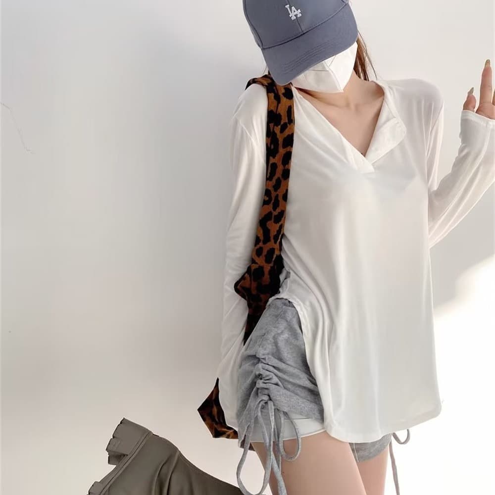 YPFF Women's Casual Loose Curved Hem Long-Sleeve T-Shirt Autumn/Winter New Sun-Protection Long Top