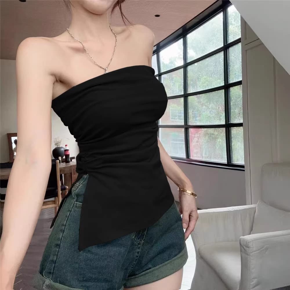 Sexy Strapless Summer Sleeveless Top for Women, Designed with Irregular Slit, Waist-Cinching Inner Layering Wrap Top