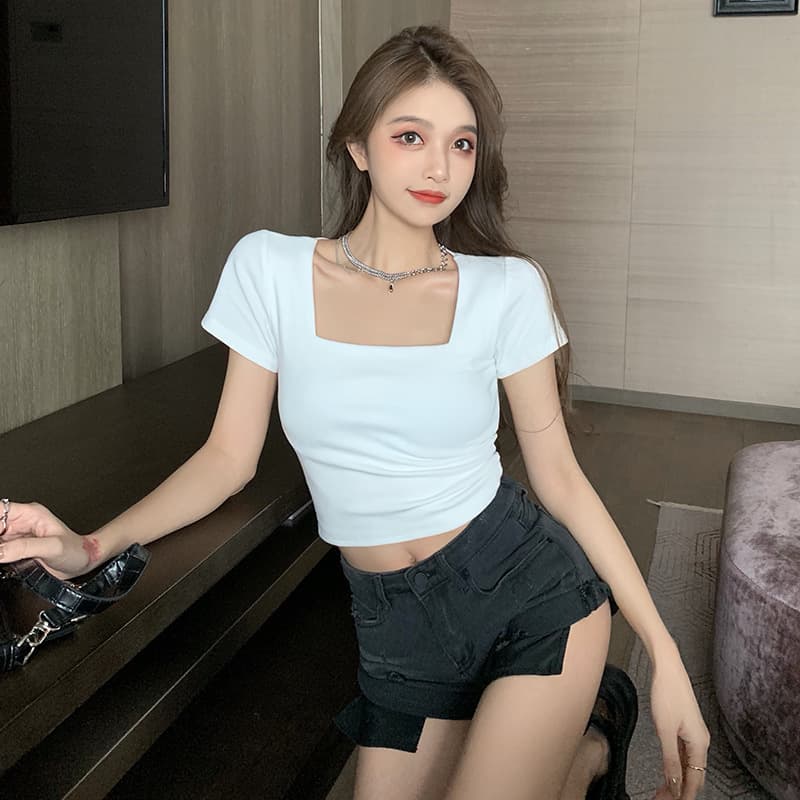 Square Neck Short Sleeve T-Shirt Women High Waist Crop Top Base Layer Shirt Women's 2025 Summer New Slim Fit Inner Wear
