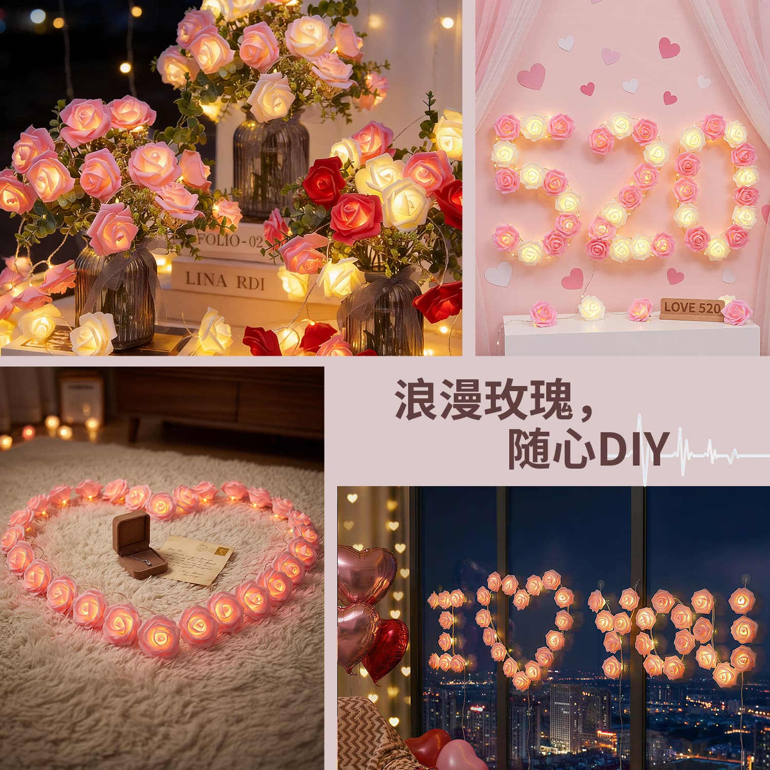 LOVE Rose-Shaped LED String Light 2m 10 Lights Battery-Powered Wedding Proposal Decoration Light Halloween
